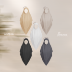 SEREEN KHIMAR BANDANA Materials : Premium Chiffon Available Size : REGULAR SIZE 120cm MEDIUM SIZE 130cm Colors : Black, Stone Grey, Shell, White, & Peanut. Detail: Terdapat Pin Amapola Pada Bagian Belakang Khiban